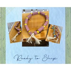 Chunky Wooden Mauve and Yellow Beaded Garland with Jute Tassels
